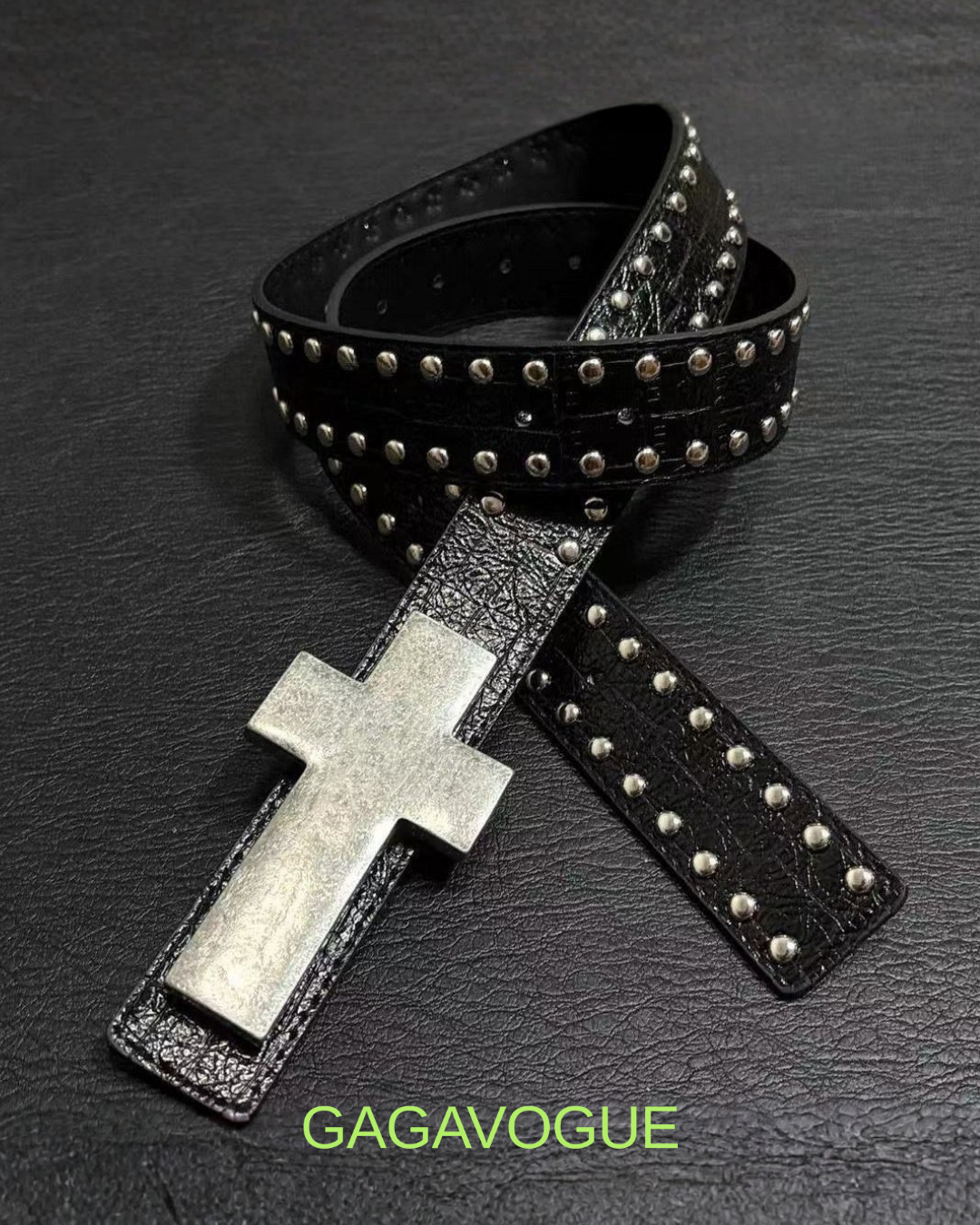 GAGAVOGUE CROSS STUDDED LEATHER BELT