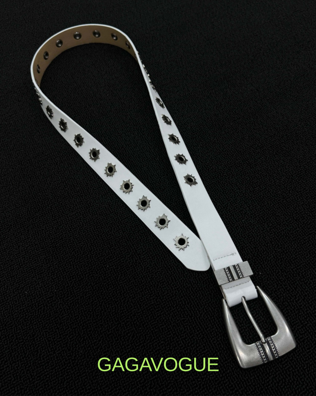 GAGAVOGUE SILVER SUNBURST STUDDED WHITE LEATHER BELT