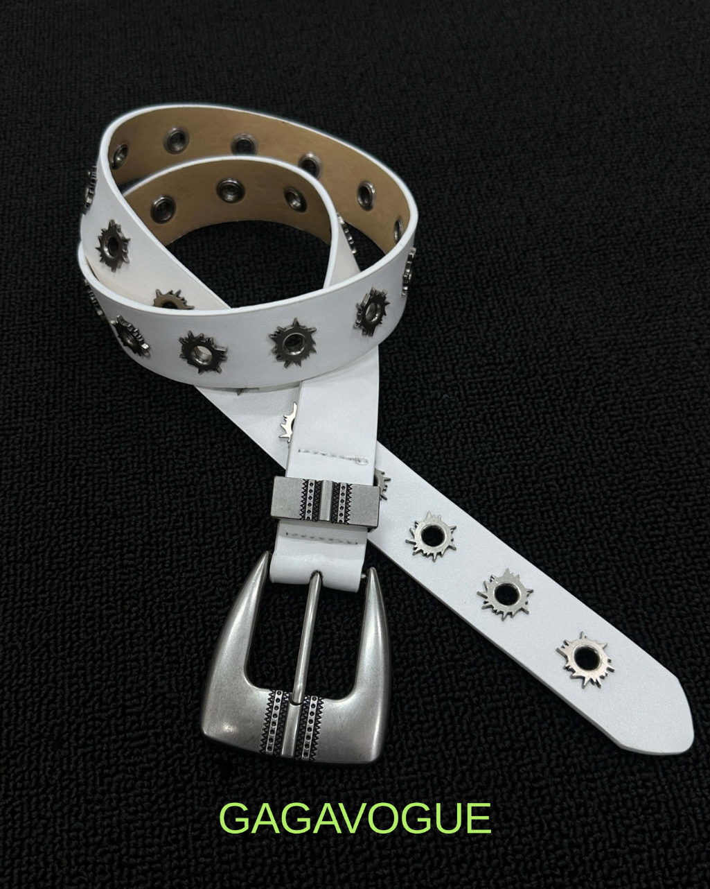 GAGAVOGUE SILVER SUNBURST STUDDED WHITE LEATHER BELT