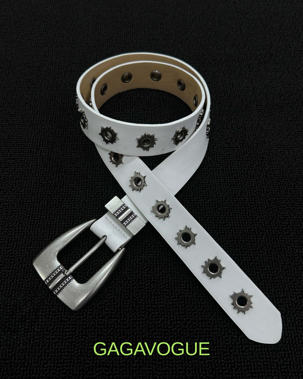 GAGAVOGUE SILVER SUNBURST STUDDED WHITE LEATHER BELT