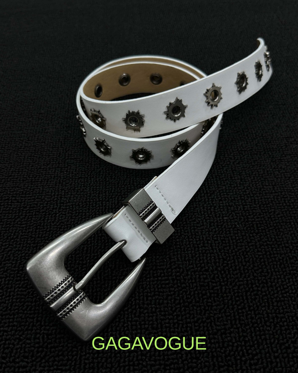 GAGAVOGUE SILVER SUNBURST STUDDED WHITE LEATHER BELT