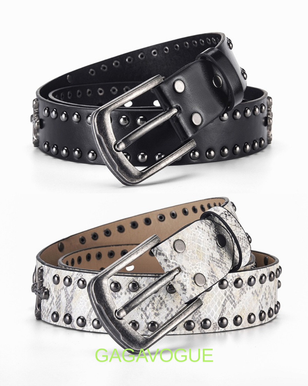 GAGAVOGUE SNAKE SKIN STUDDED CROSS BUCKLE BELT