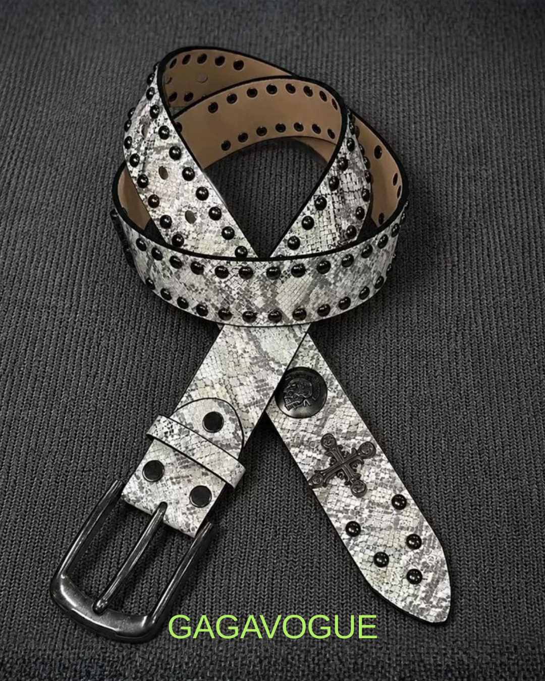 GAGAVOGUE SNAKE SKIN STUDDED CROSS BUCKLE BELT