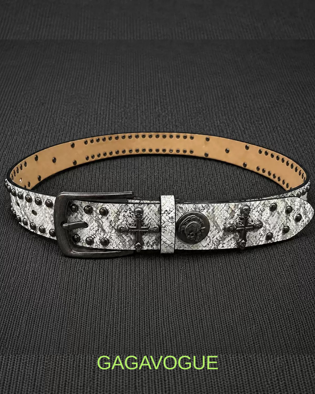 GAGAVOGUE SNAKE SKIN STUDDED CROSS BUCKLE BELT