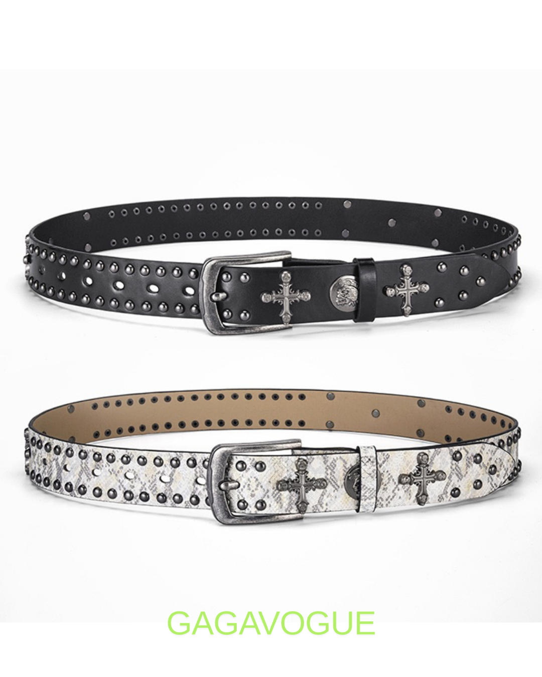 GAGAVOGUE SNAKE SKIN STUDDED CROSS BUCKLE BELT
