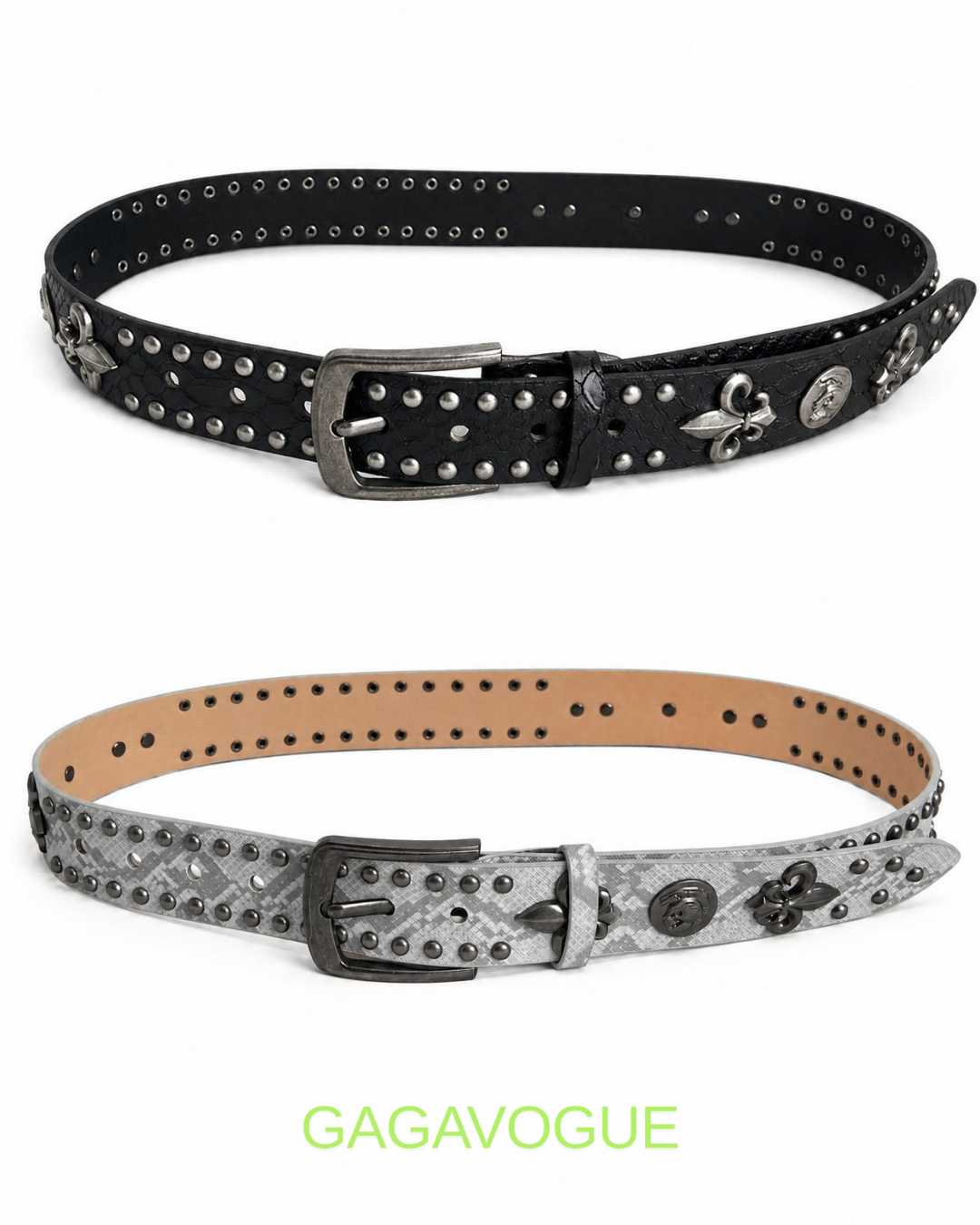 GAGAVOGUE SNAKE SKIN HEART CROSS EMBELLISHED BELT