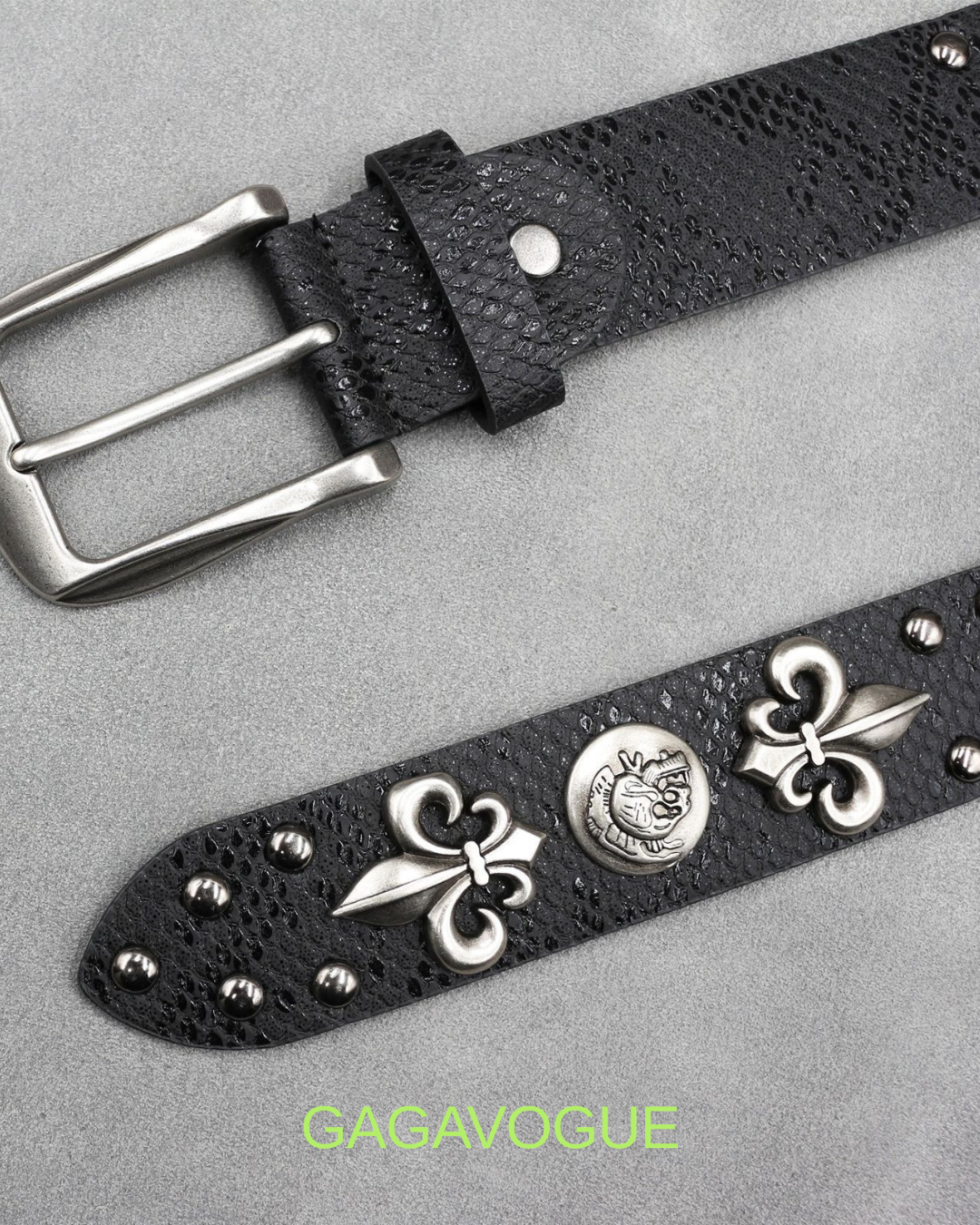 GAGAVOGUE SNAKE SKIN HEART CROSS EMBELLISHED BELT