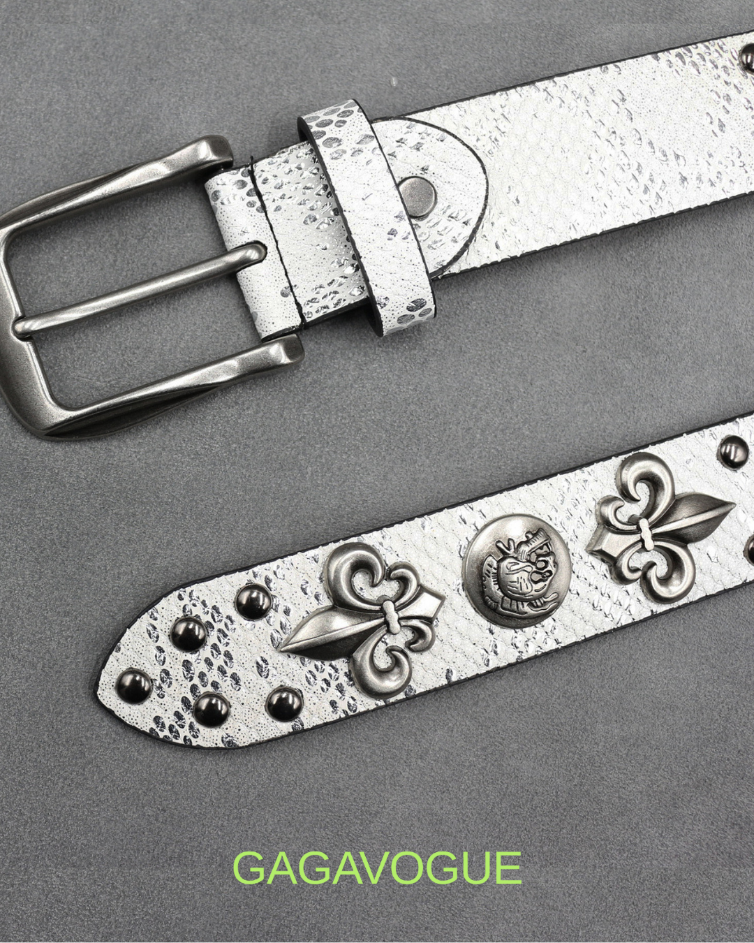 GAGAVOGUE SNAKE SKIN HEART CROSS EMBELLISHED BELT