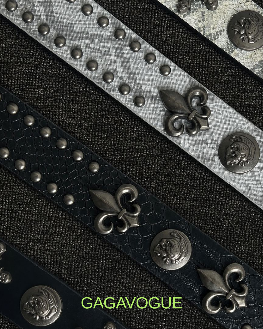 GAGAVOGUE SNAKE SKIN HEART CROSS EMBELLISHED BELT