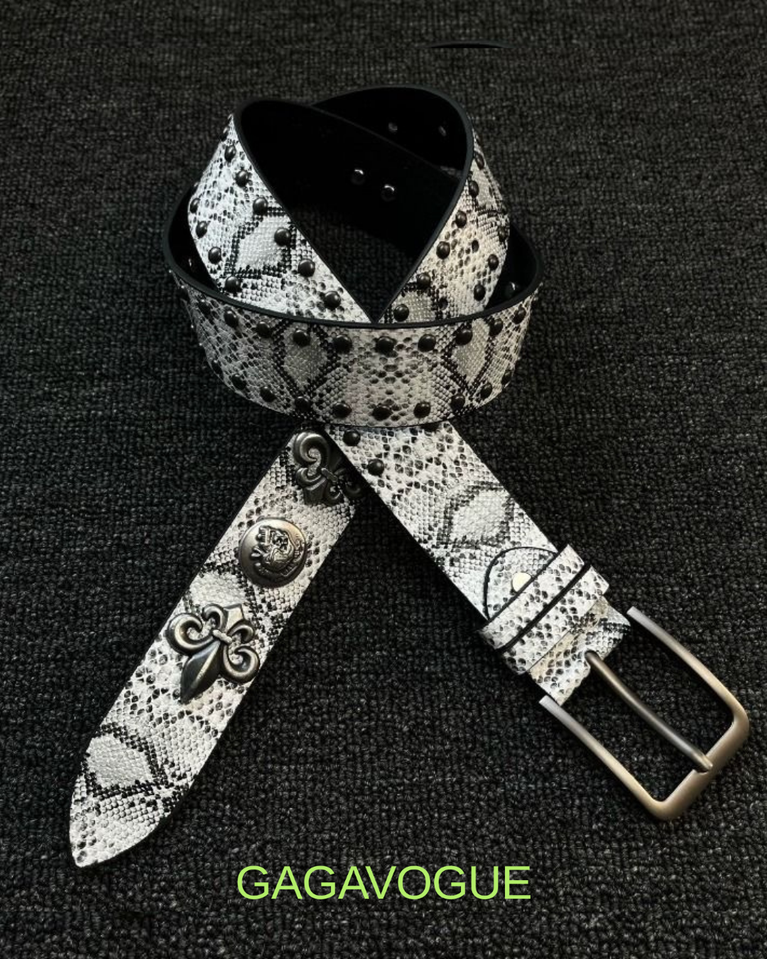 GAGAVOGUE SNAKE SKIN HEART CROSS EMBELLISHED BELT