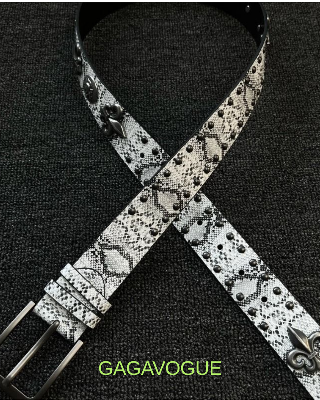 GAGAVOGUE SNAKE SKIN HEART CROSS EMBELLISHED BELT