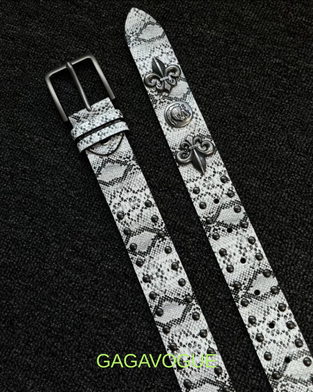 GAGAVOGUE SNAKE SKIN HEART CROSS EMBELLISHED BELT