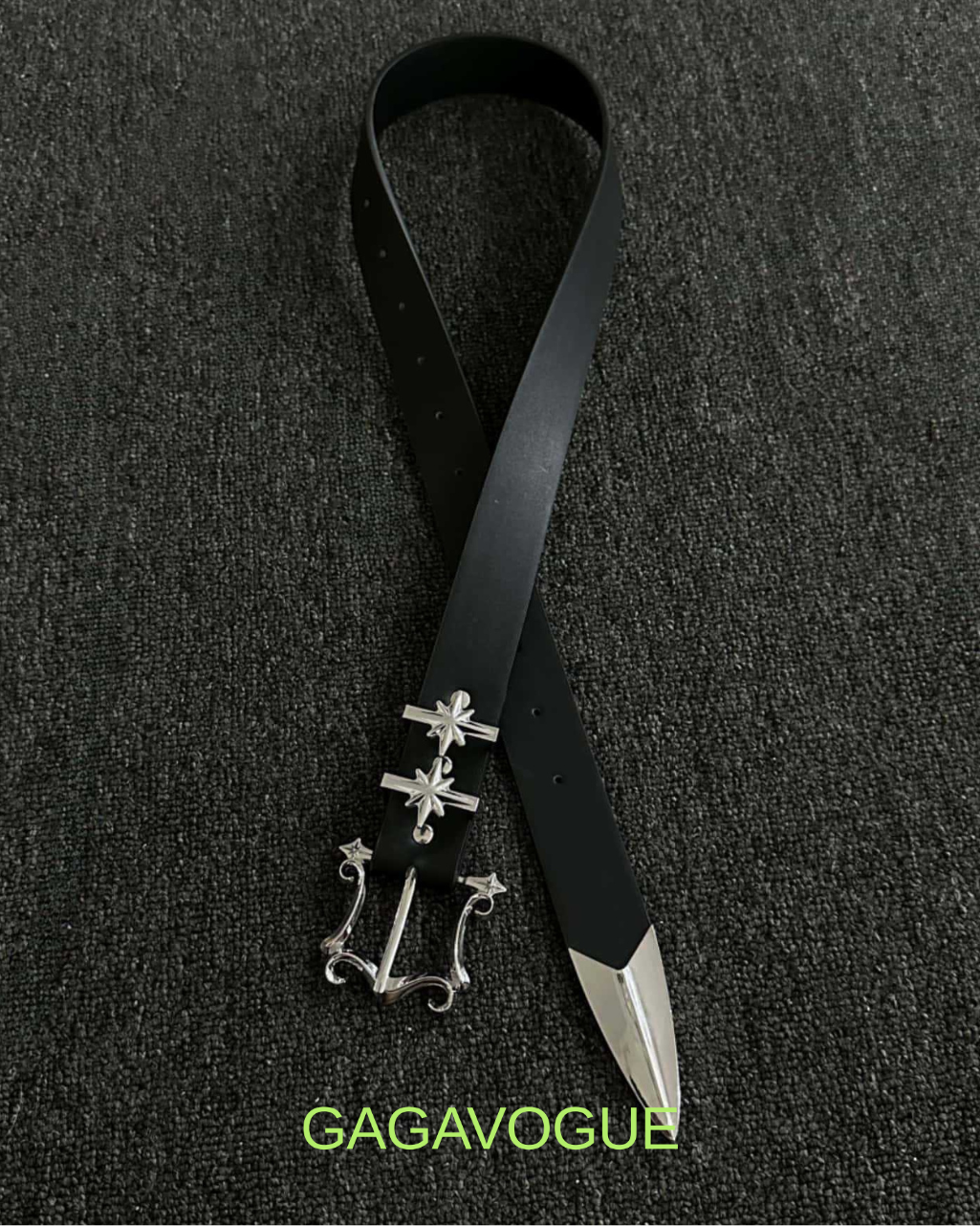 GAGAVOGUE STAR STUDDED METAL TIP LEATHER BELT