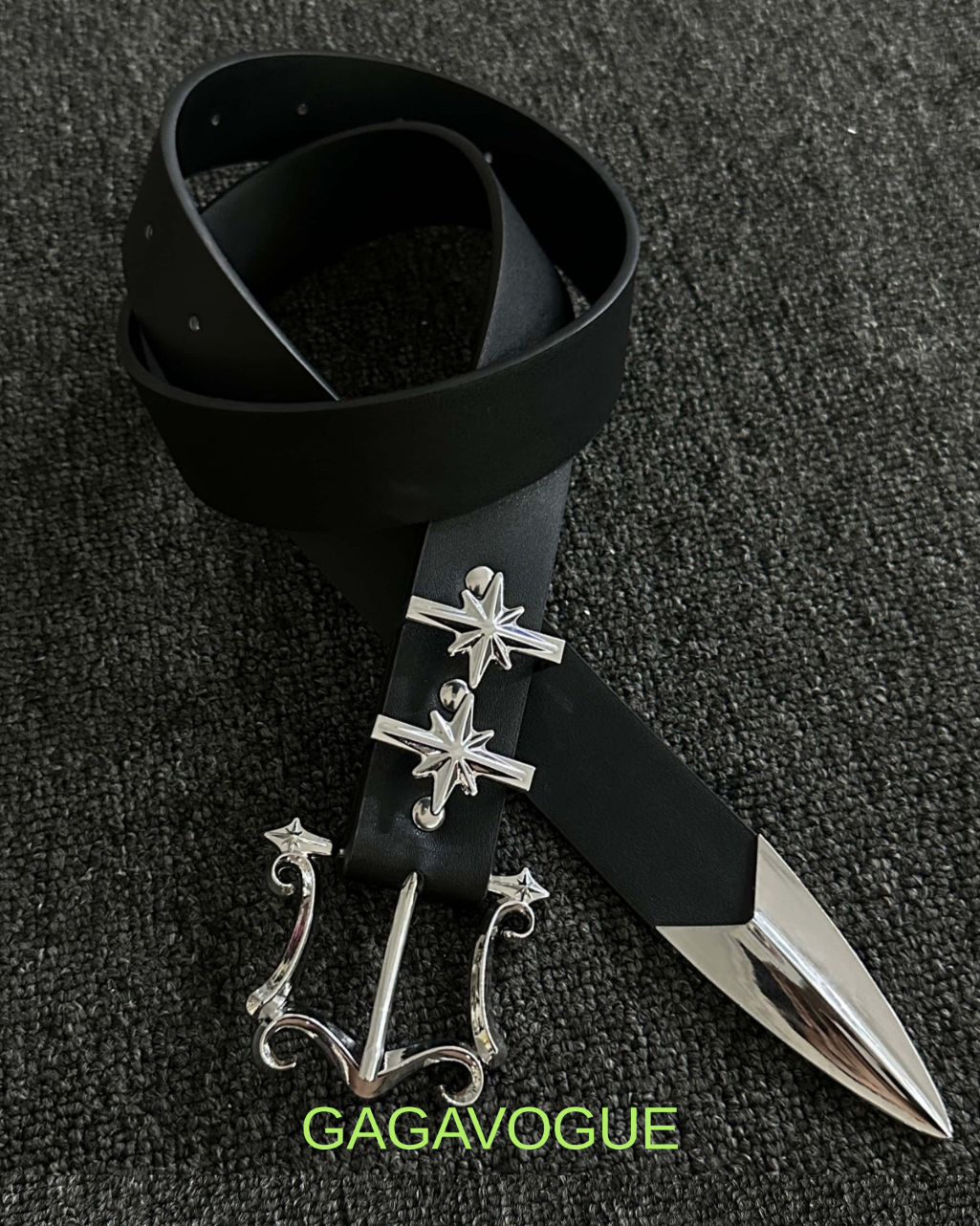 GAGAVOGUE STAR STUDDED METAL TIP LEATHER BELT