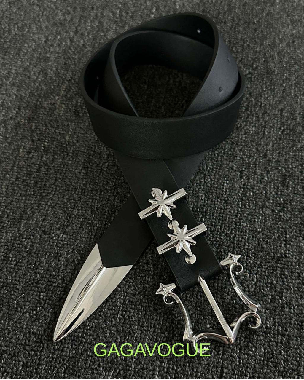 GAGAVOGUE STAR STUDDED METAL TIP LEATHER BELT