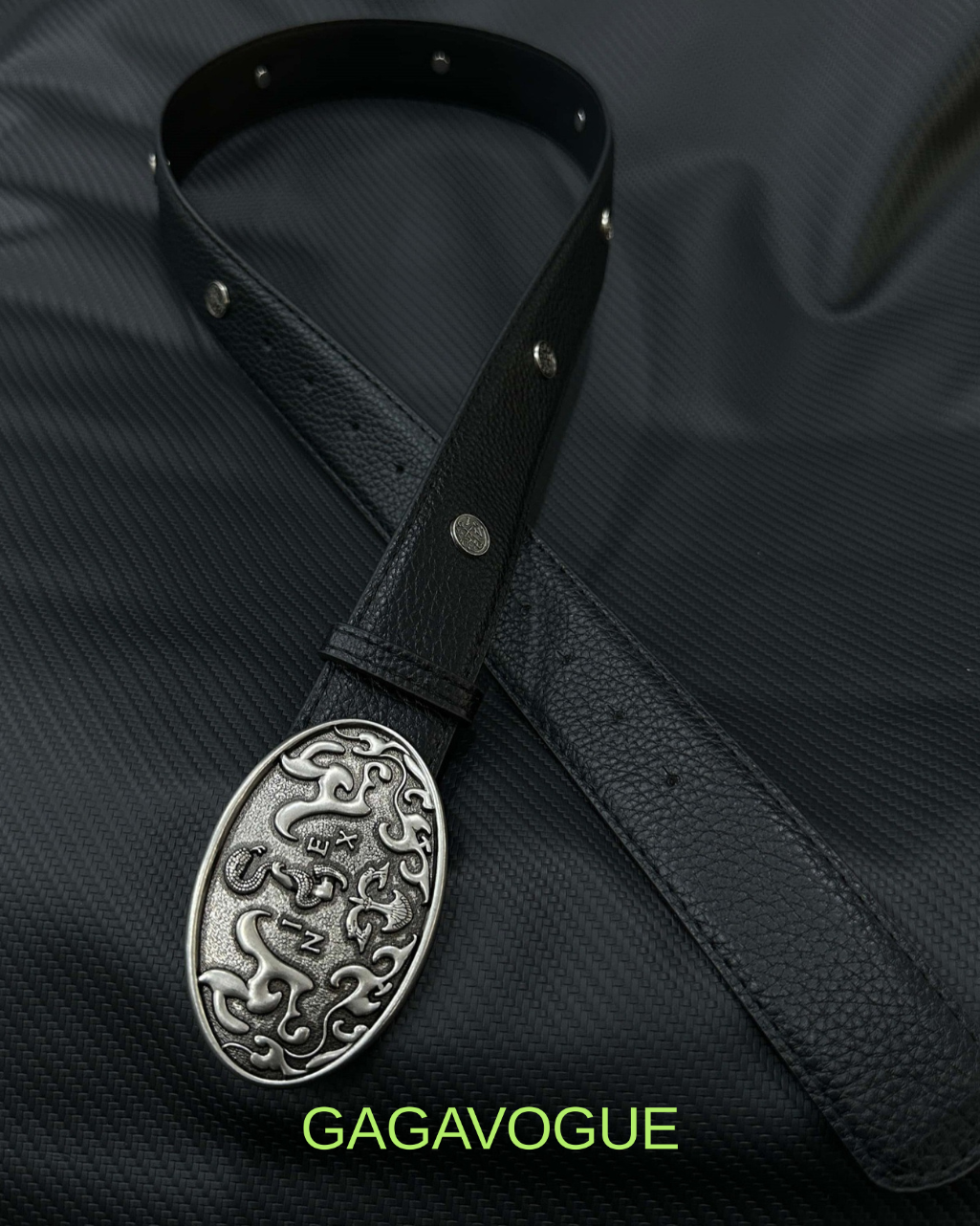 GAGAVOGUE ORNATE OVAL SILVER BUCKLE LEATHER BELT