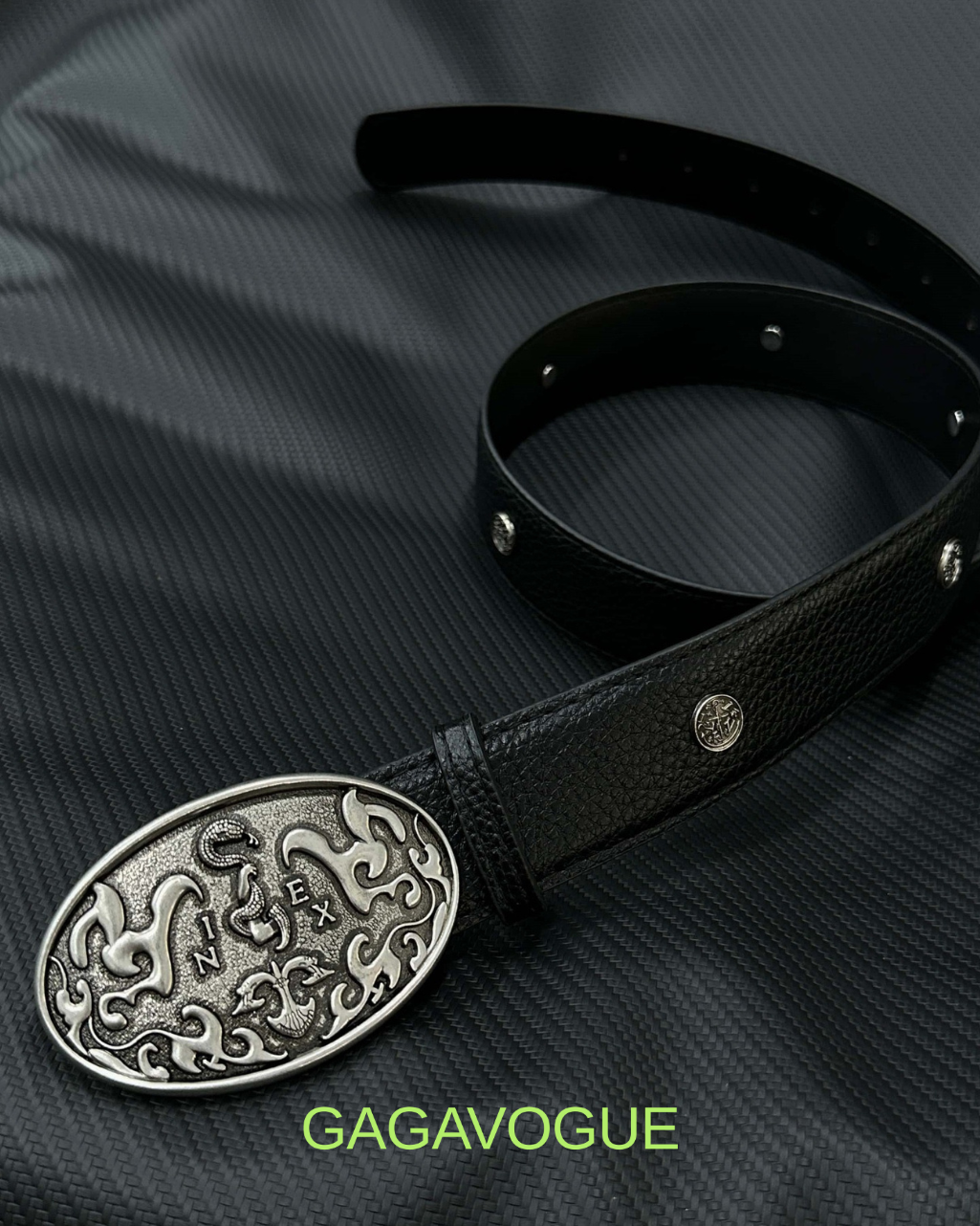 GAGAVOGUE ORNATE OVAL SILVER BUCKLE LEATHER BELT