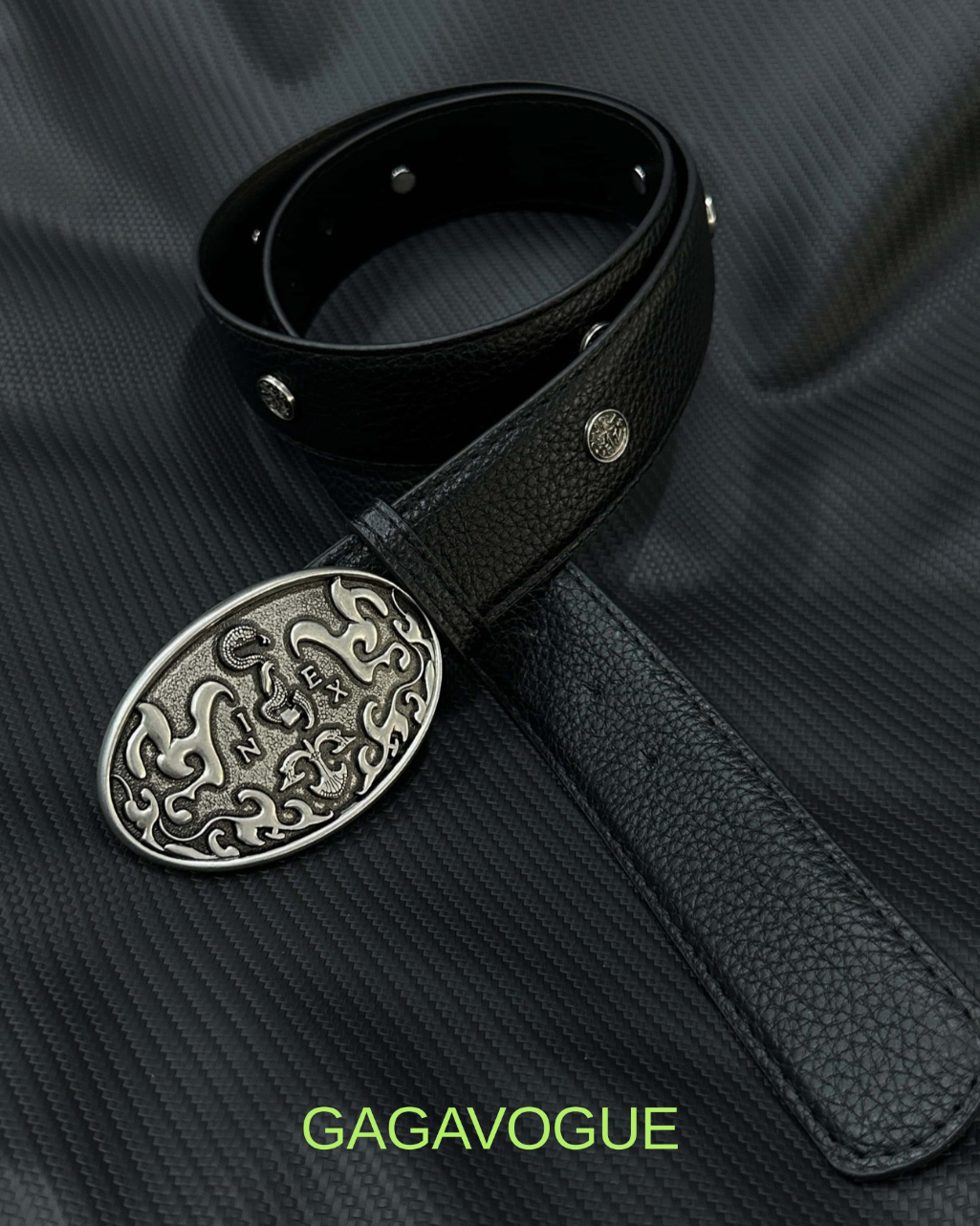 GAGAVOGUE ORNATE OVAL SILVER BUCKLE LEATHER BELT