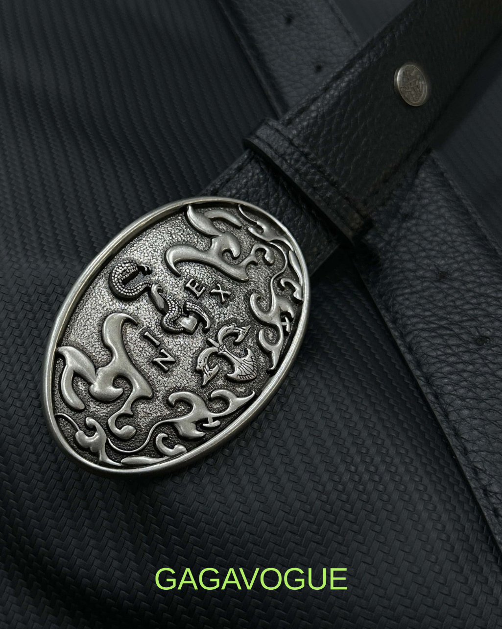 GAGAVOGUE ORNATE OVAL SILVER BUCKLE LEATHER BELT