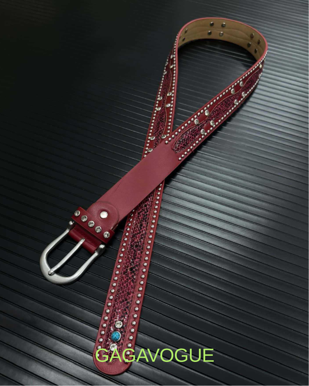 GAGAVOGUE STUDDED SNAKE-TEXTURE LEATHER BELT