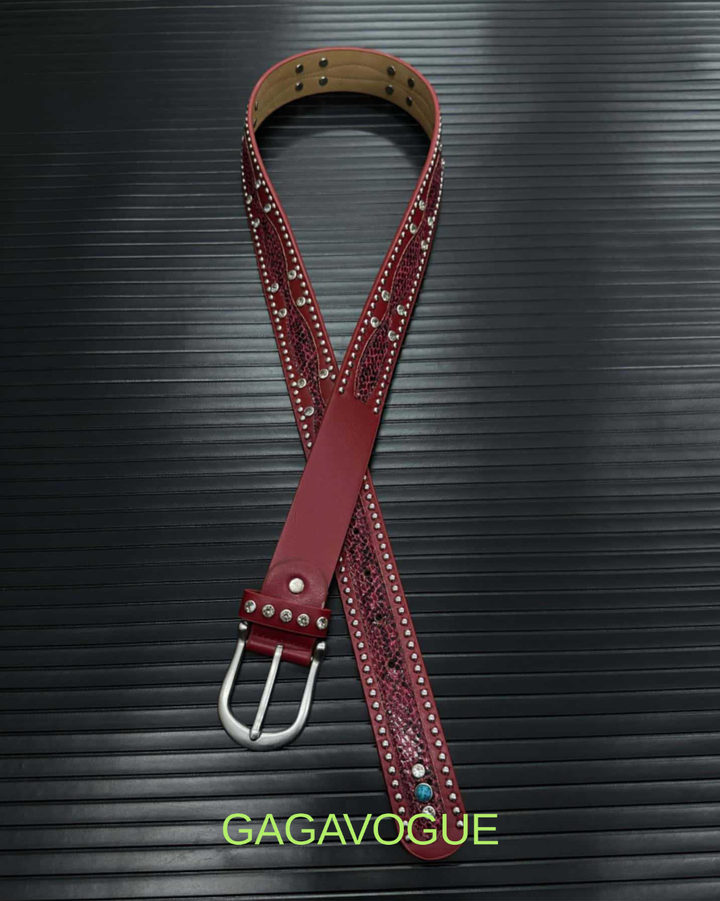 GAGAVOGUE STUDDED SNAKE-TEXTURE LEATHER BELT
