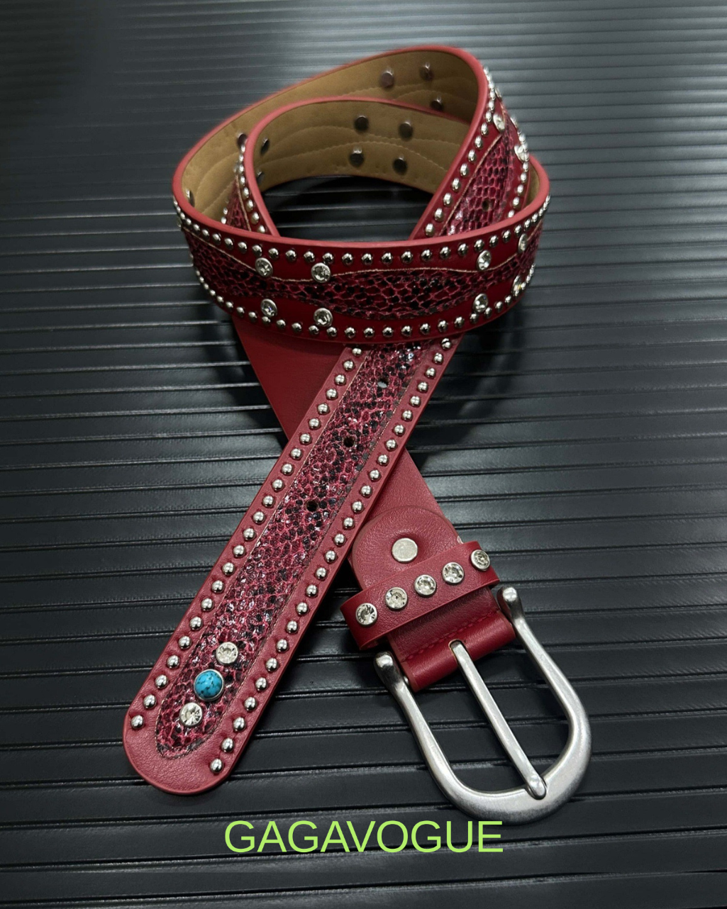GAGAVOGUE STUDDED SNAKE-TEXTURE LEATHER BELT
