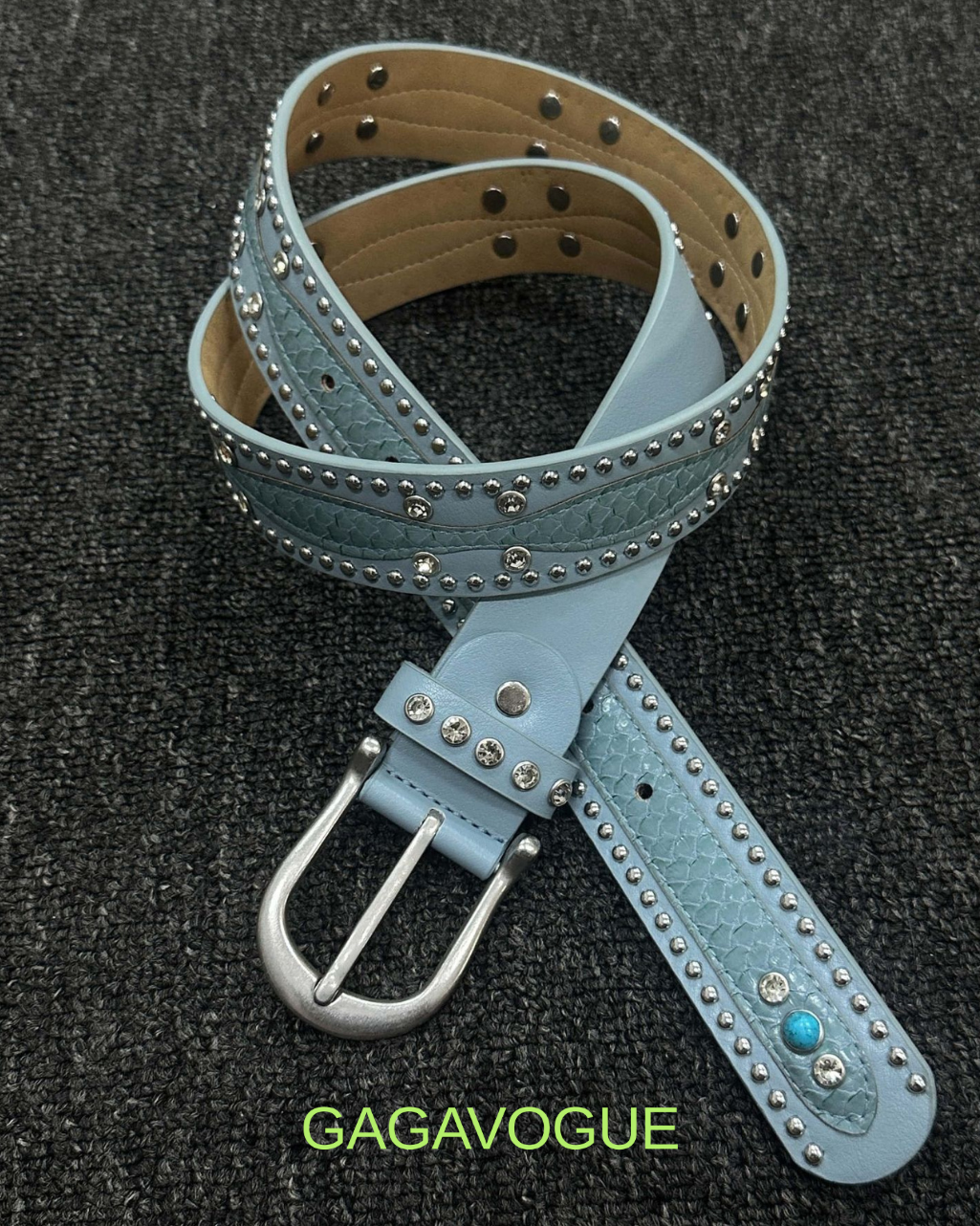 GAGAVOGUE STUDDED SNAKE-TEXTURE LEATHER BELT