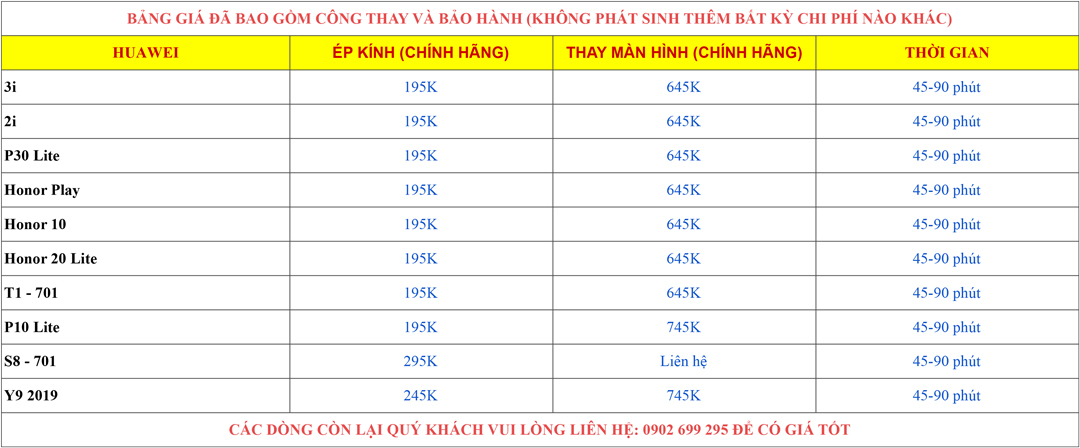 Bảng giá ép kính Huawei