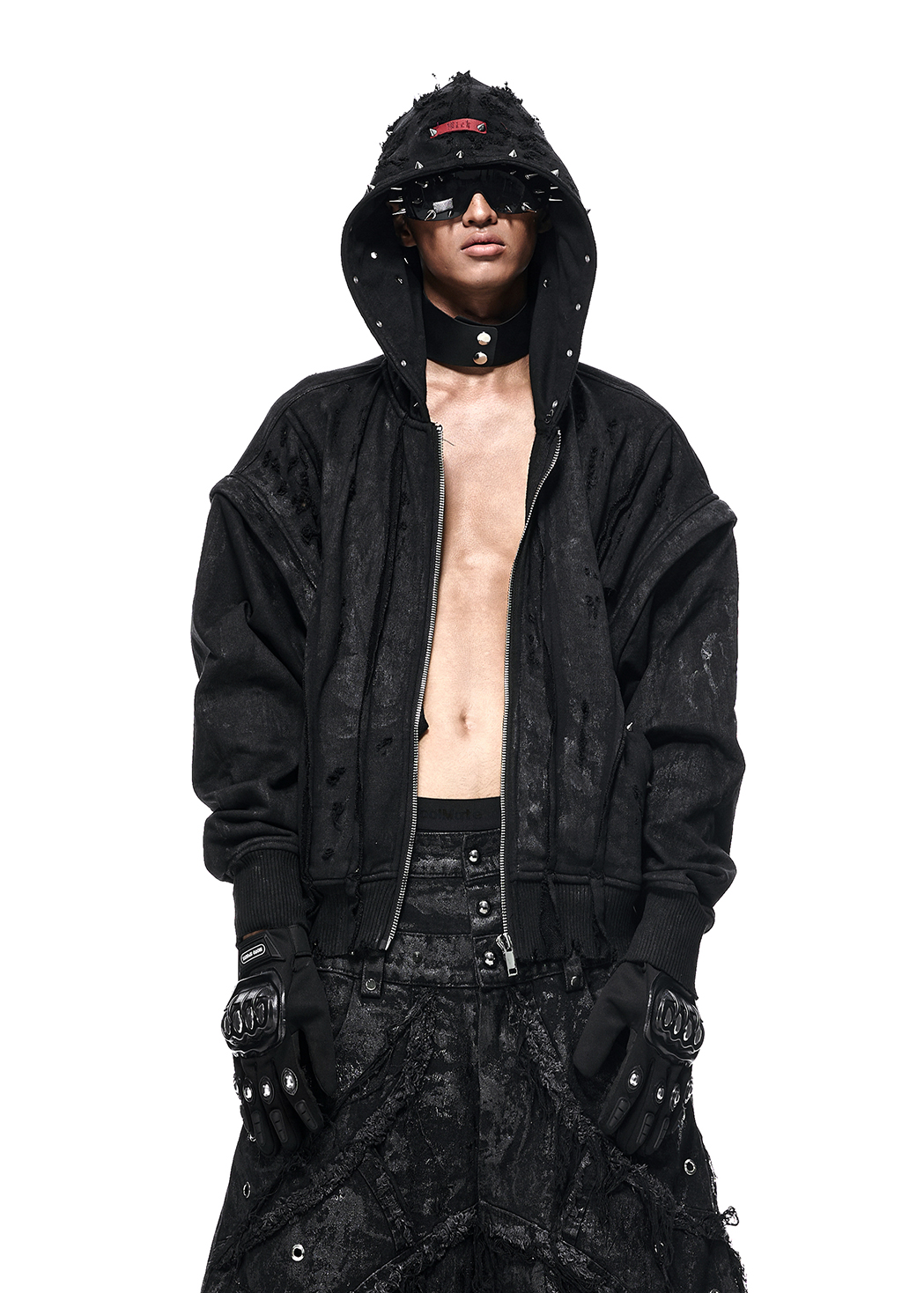 AH.027 Black Wax Ripped Hoodie