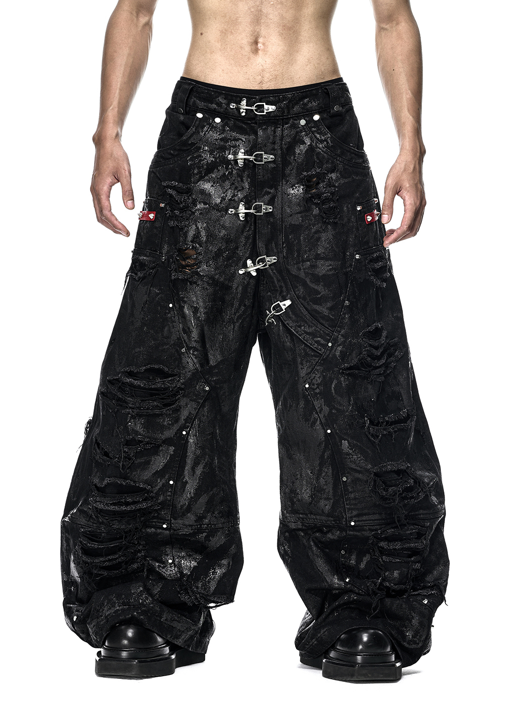 QD.125A Black Wax Ripped Wide Pants