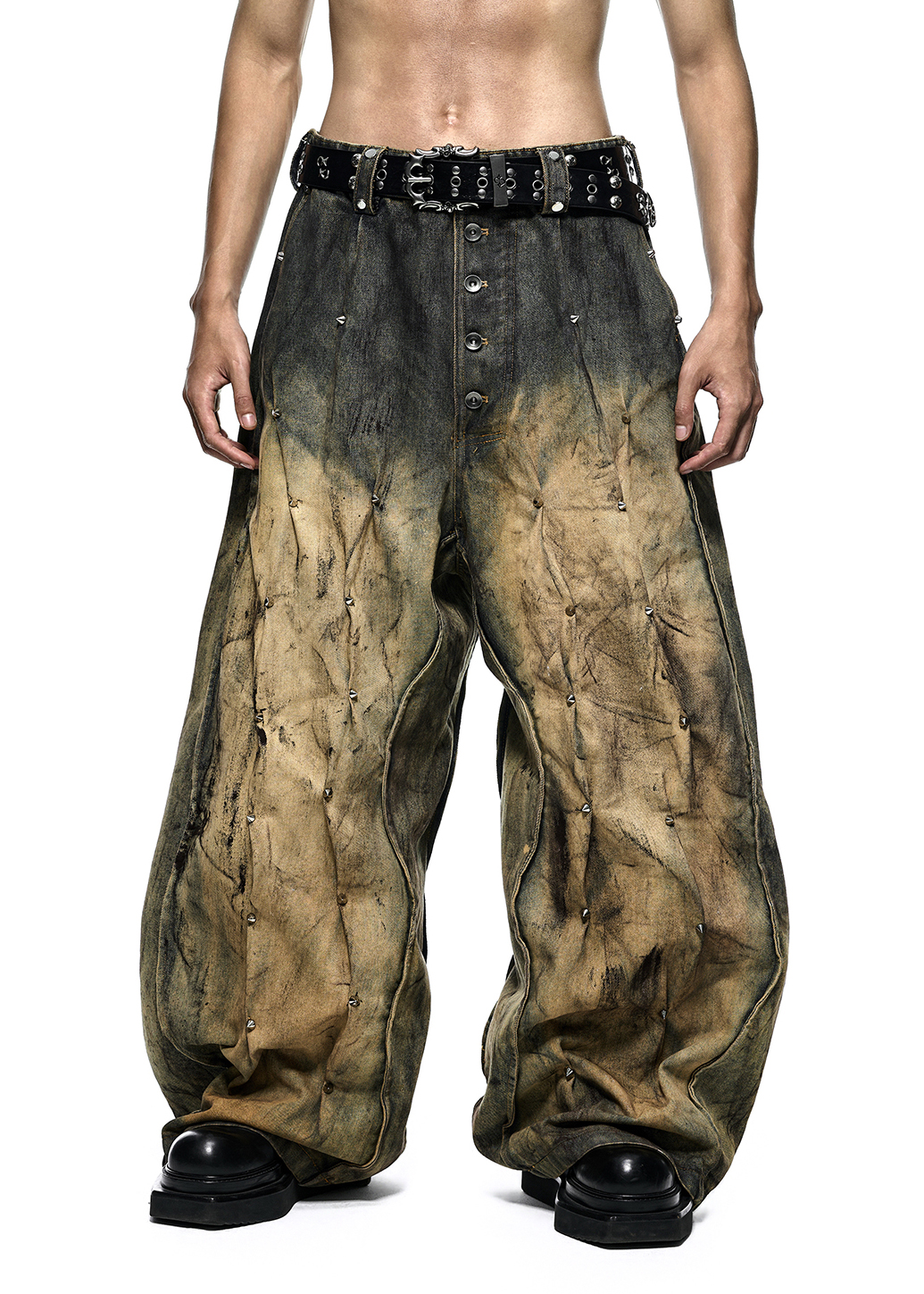 QD.126B Multi Rivet Dirt Washed Wide Pants
