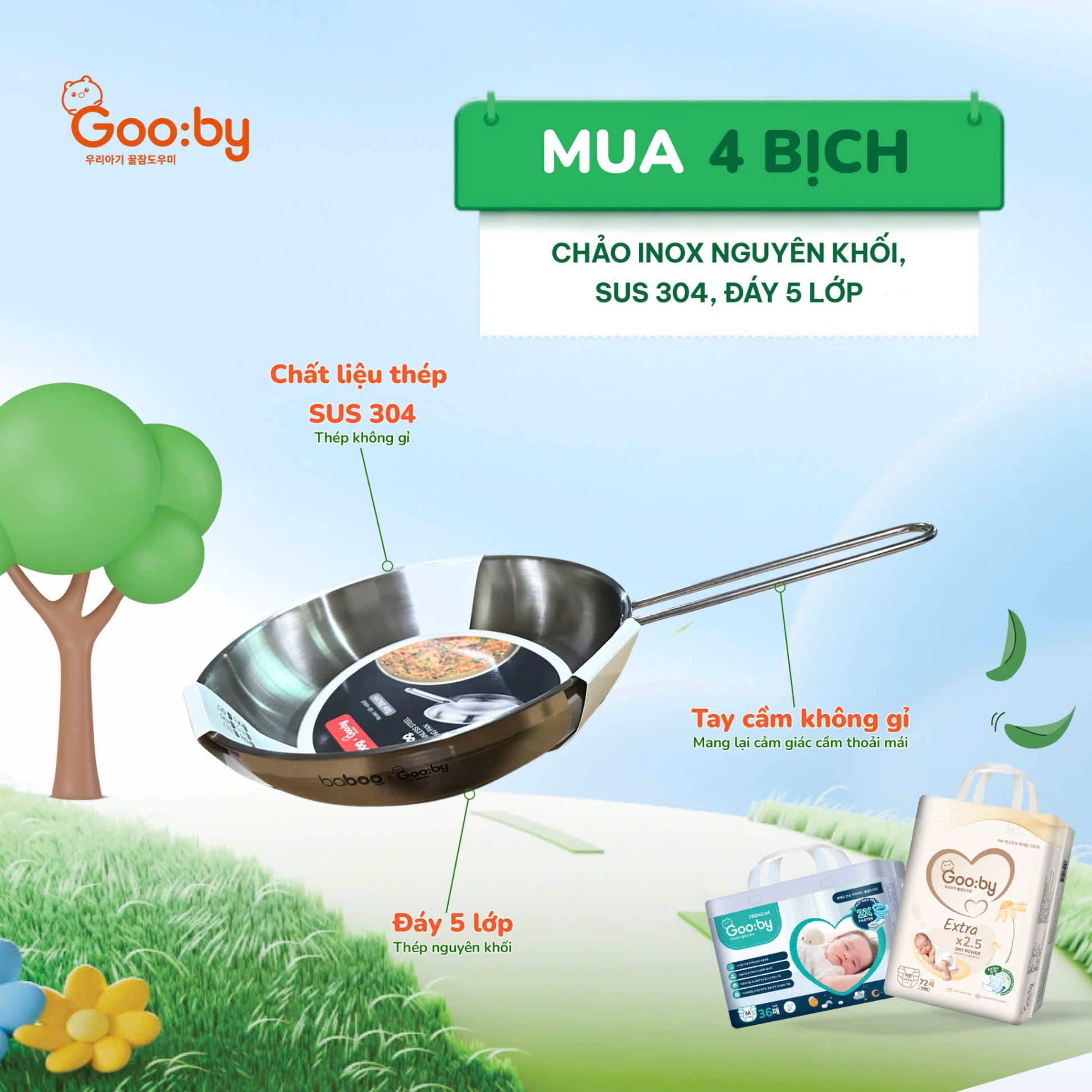 Chảo inox nguyên khối Gooby( 4 bịch)