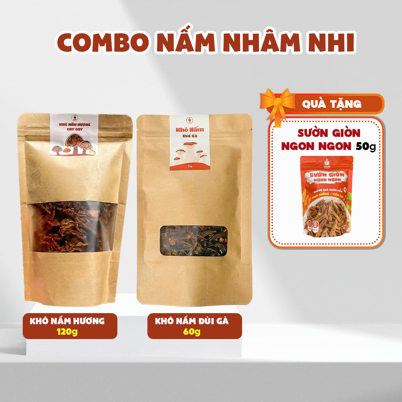 COMBO NẤM NHÂM NHI: KHÔ NẤM HƯƠNG TÚI 120G + KHÔ NẤM ĐÙI GÀ TÚI 60G