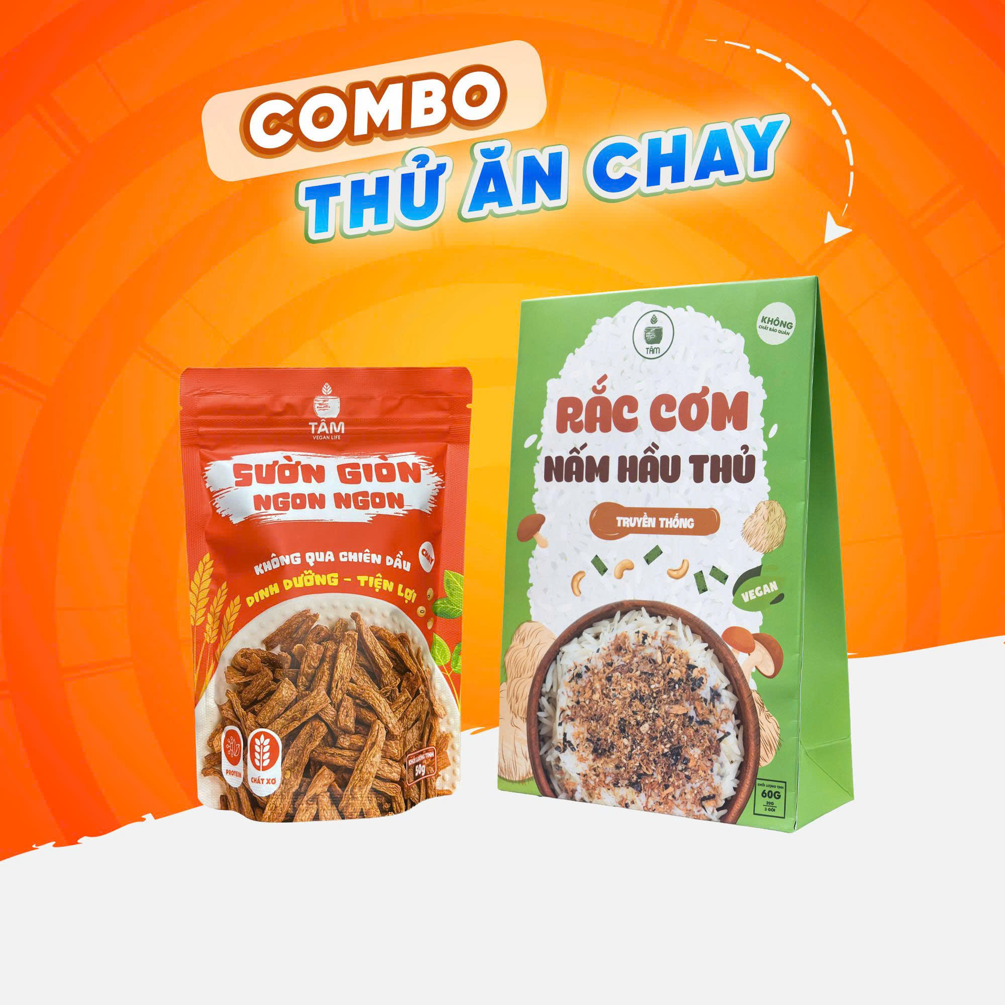 COMBO THỬ ĂN CHAY: Rắc Cơm Nấm Hầu Thủ 60g + Sườn Giòn Ngon Ngon 50g