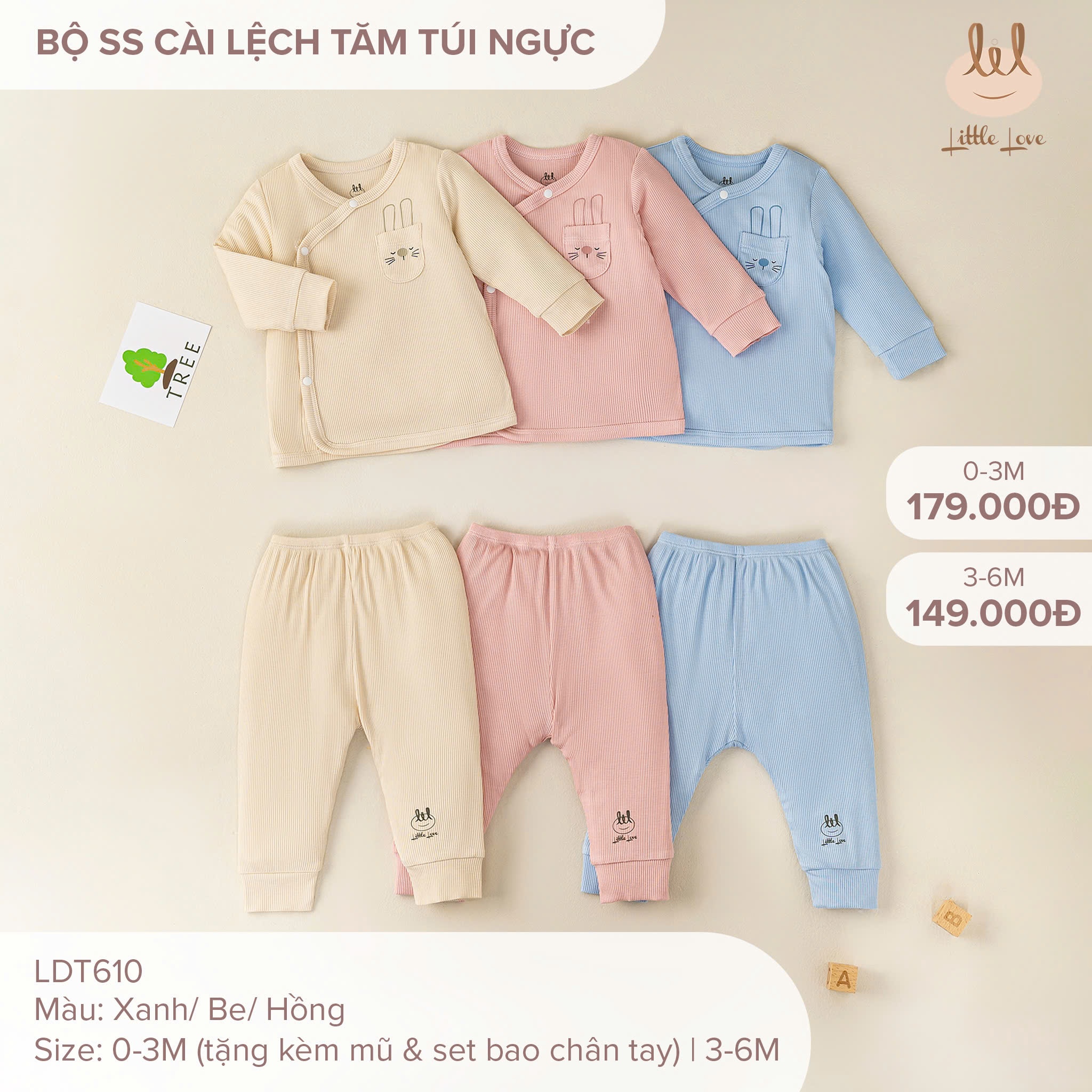 LIL - Bộ sơ sinh cài lệch vải tăm túi ngực LDT610