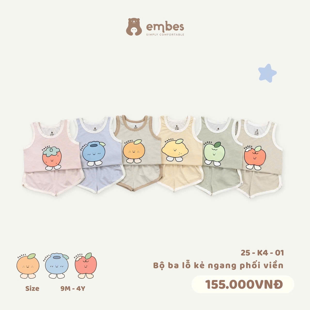 Embes - Bộ ba lỗ kẻ ngang phối viền EBS25-K4-01