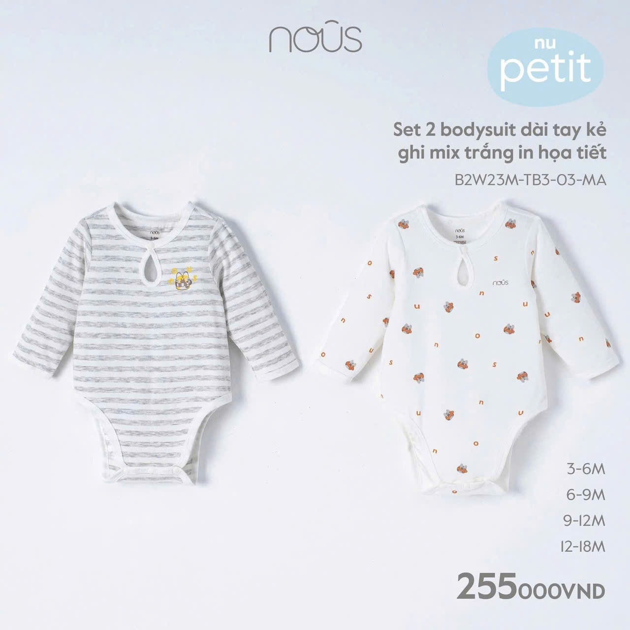 Nous Party - Set 2 Bodysuit dài tay in họa tiết B2W23M-TB3-03-MA