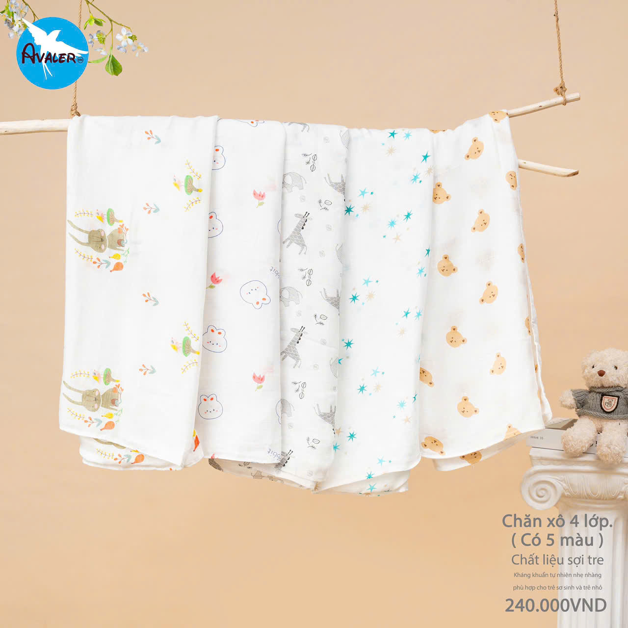 Avaler - Khăn tắm xô 4 lớp sợi tre 1,2 x 1,2