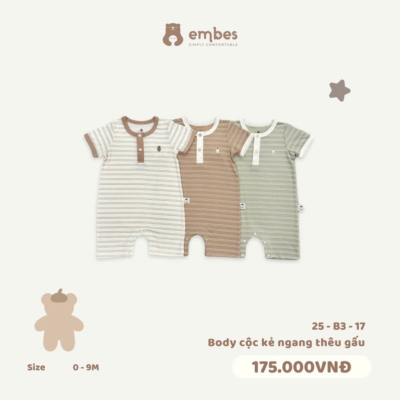 Embes - Body cộc kẻ ngang thêu gấu phối viền EBS25-B3-17