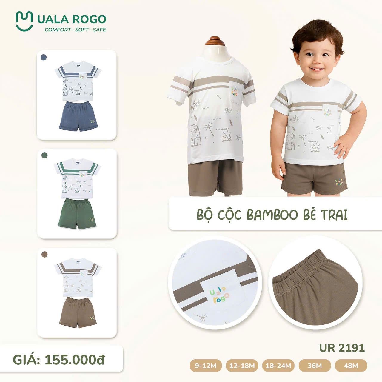 Uala rogo - Bộ cộc tay bé trai Bamboo UR2191