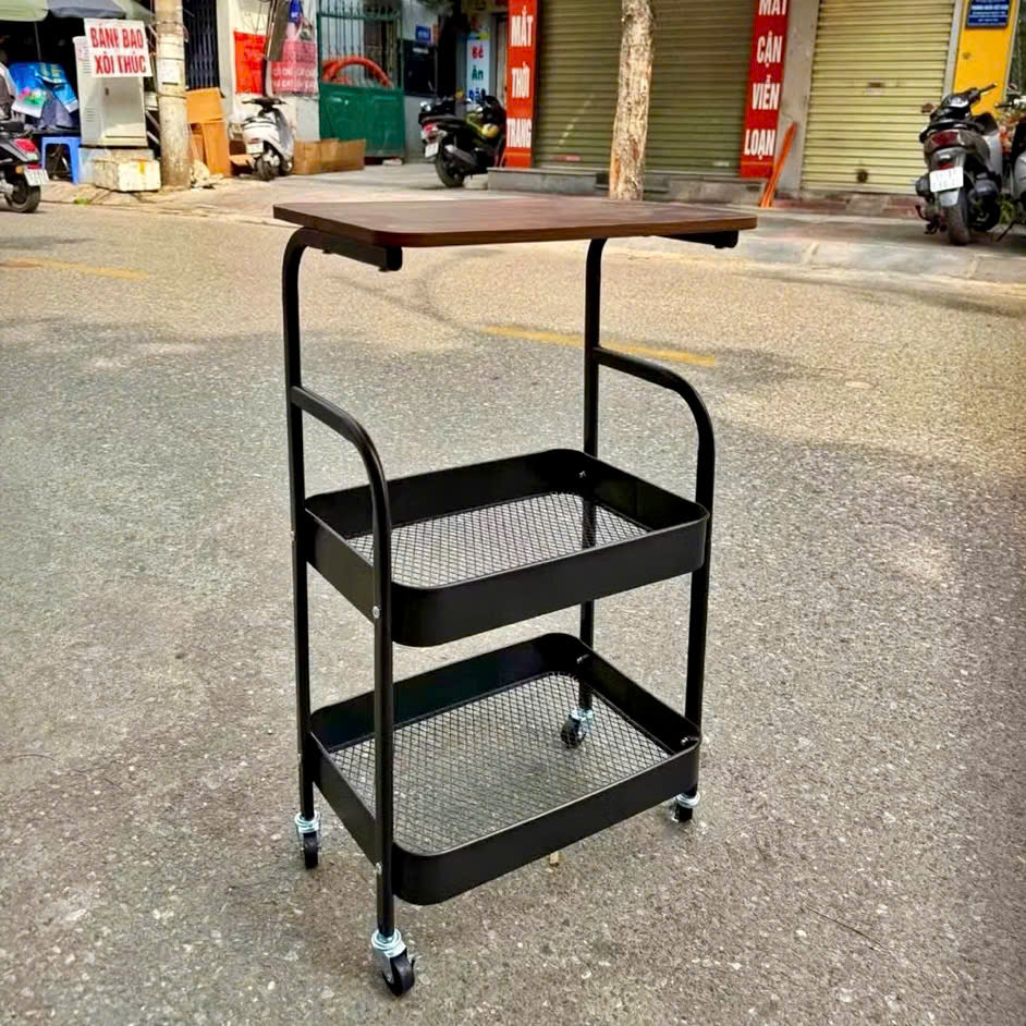 [1] Kệ Bếp 3 Tầng MẶT GỖ Đa Năng (Lưới sắt + Bánh inox)