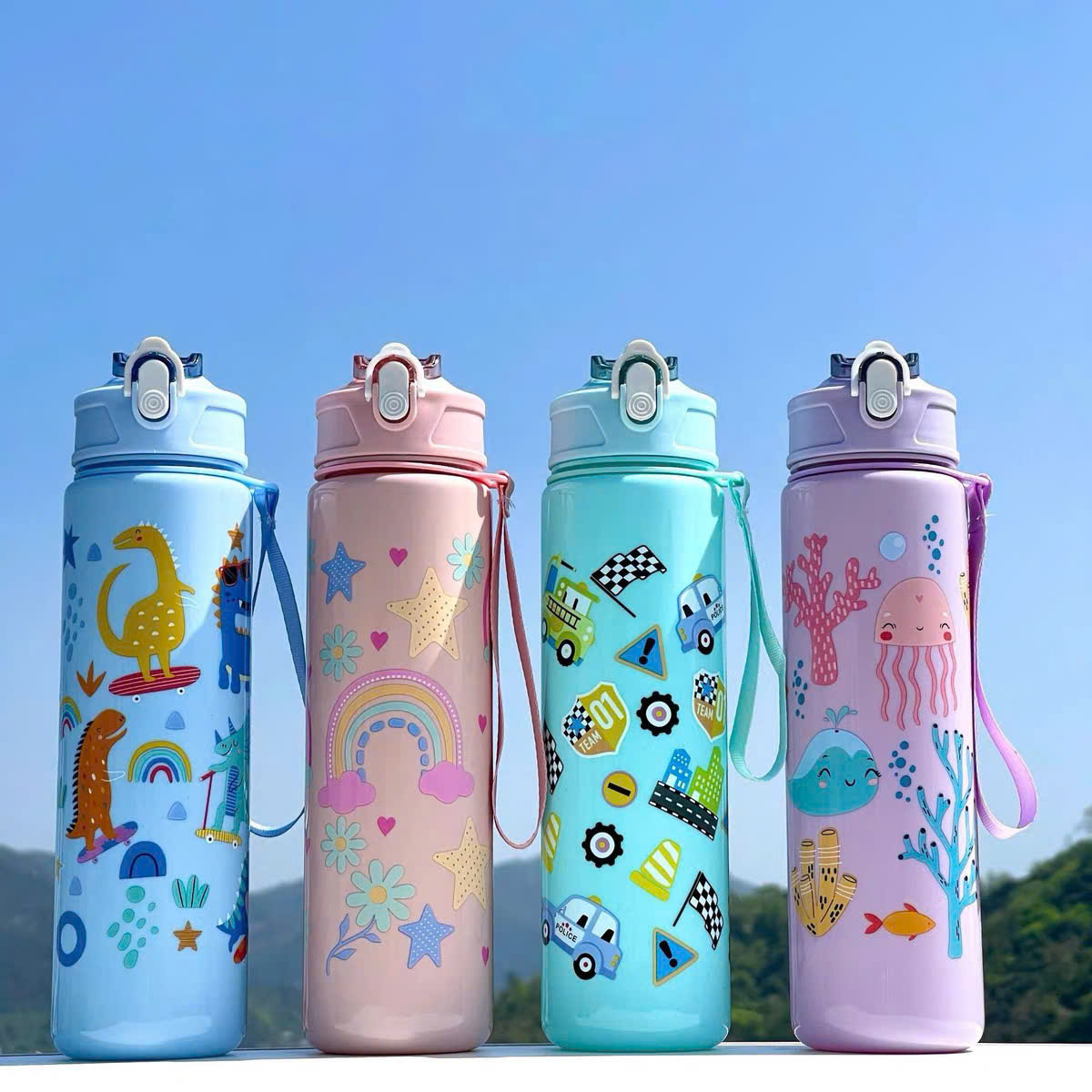 [100] Bình Nước Nhựa Nắp Bấm ĐA HỌA TIẾT 750ml
