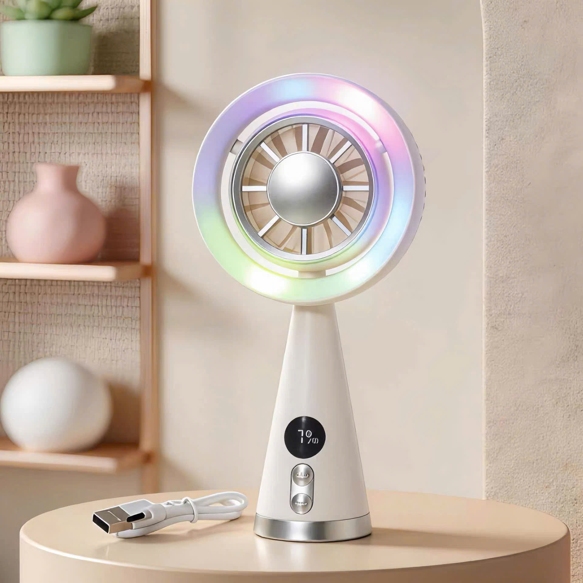 [100] Quạt Mini Cầm Tay Để Bàn Đế Trụ Có Đèn YS2368