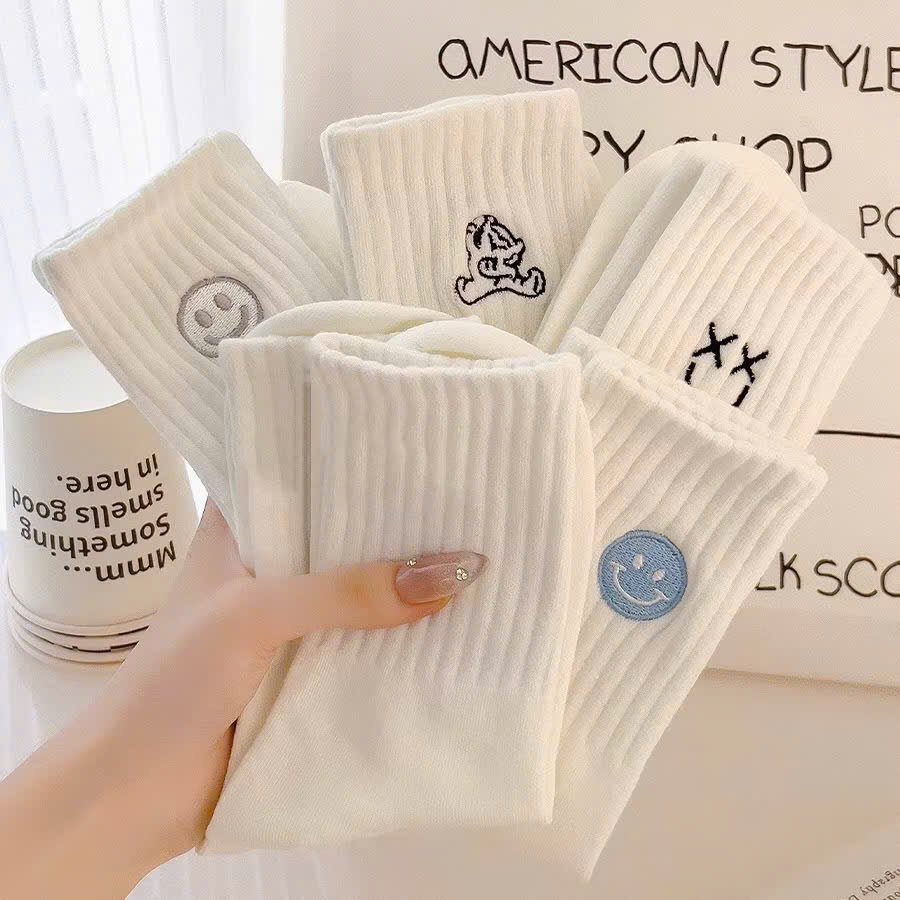 [100] Set 10 Tất Trắng Hoạ Tiết Cổ Cao