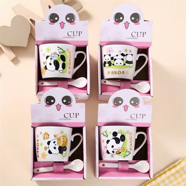 [100] Set Ly Sứ Kèm Muỗng 150ml GẤU TRÚC - VỊT VÀNG