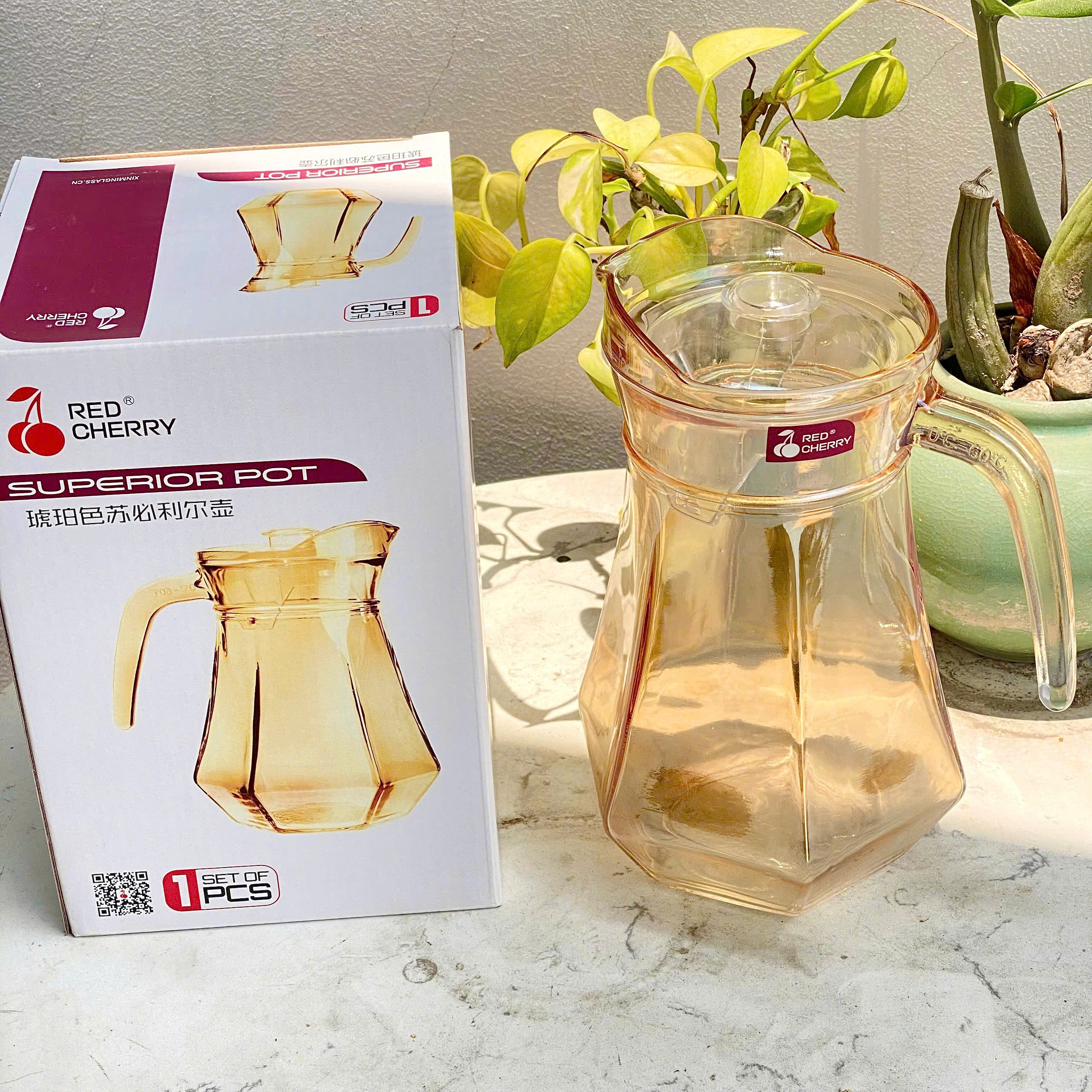 [12] Bình Nước Thủy Tinh Hổ Phách 1.3L Red Cherry LJH-HP (V)