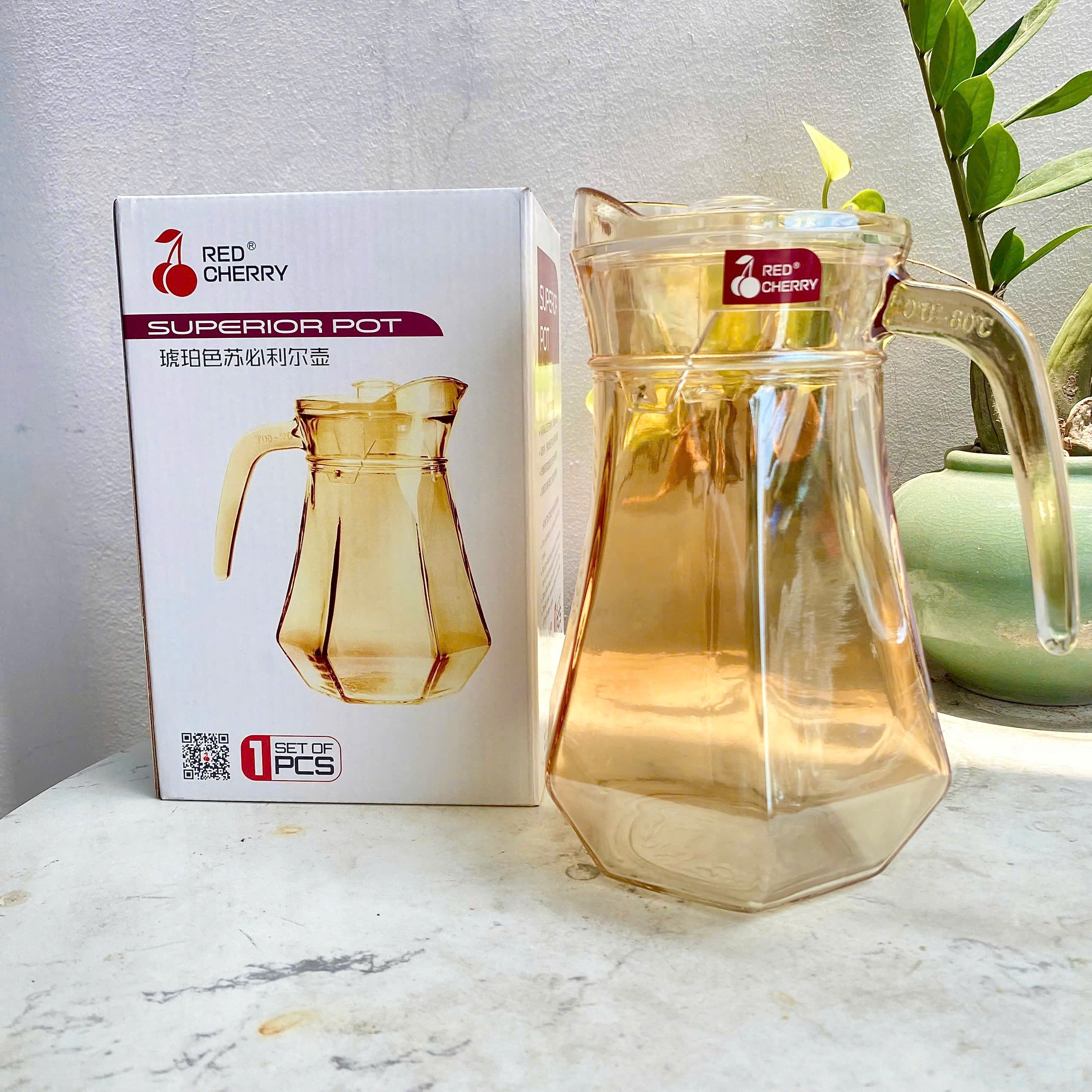 [12] Bình Nước Thủy Tinh Hổ Phách 1.3L Red Cherry LJH-HP (V)