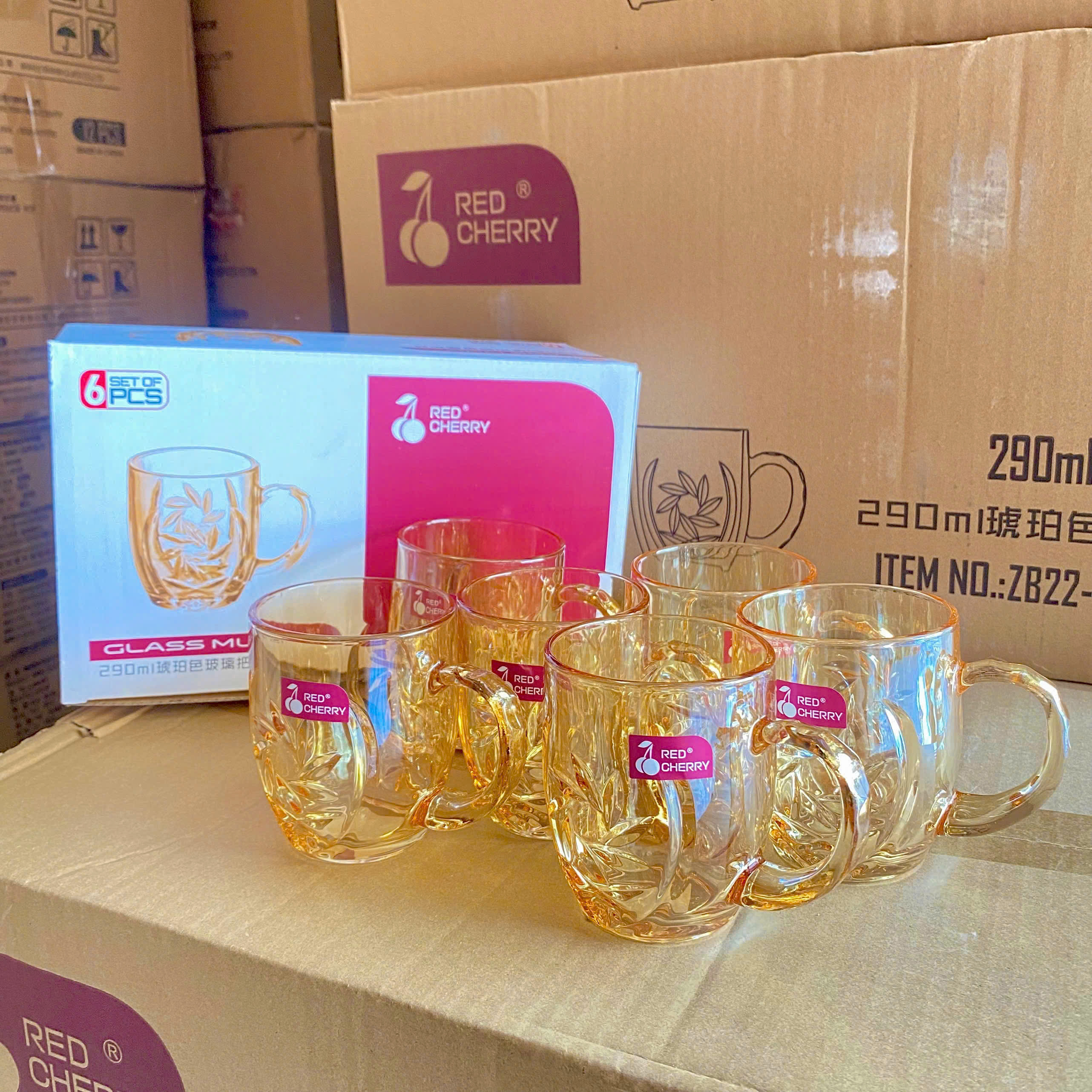 [12] Set 6 Ly Thủy Tinh Có Quai Cầm VÀNG TRÀ 290ml Red Cherry ZB22-HP (V)