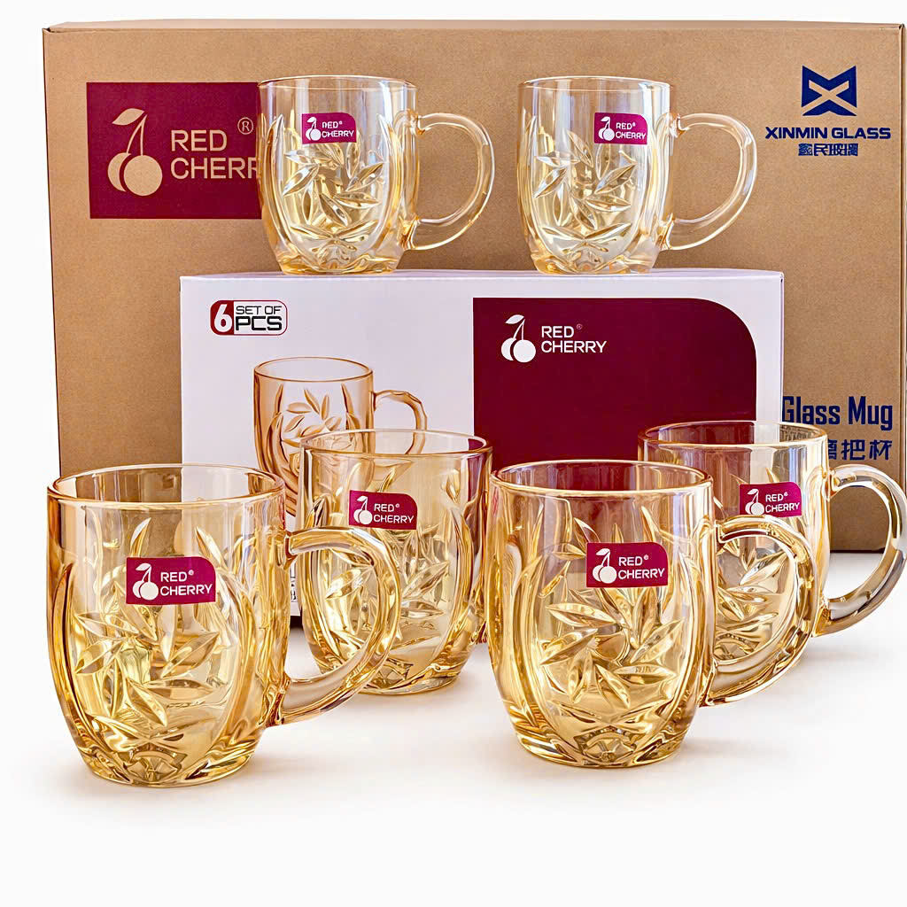 [12] Set 6 Ly Thủy Tinh Có Quai Cầm VÀNG TRÀ 290ml Red Cherry ZB22-HP (V)