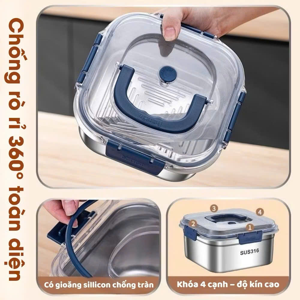 [120] Hộp Đựng Thực Phẩm Inox VUÔNG Có Nắp 18cm